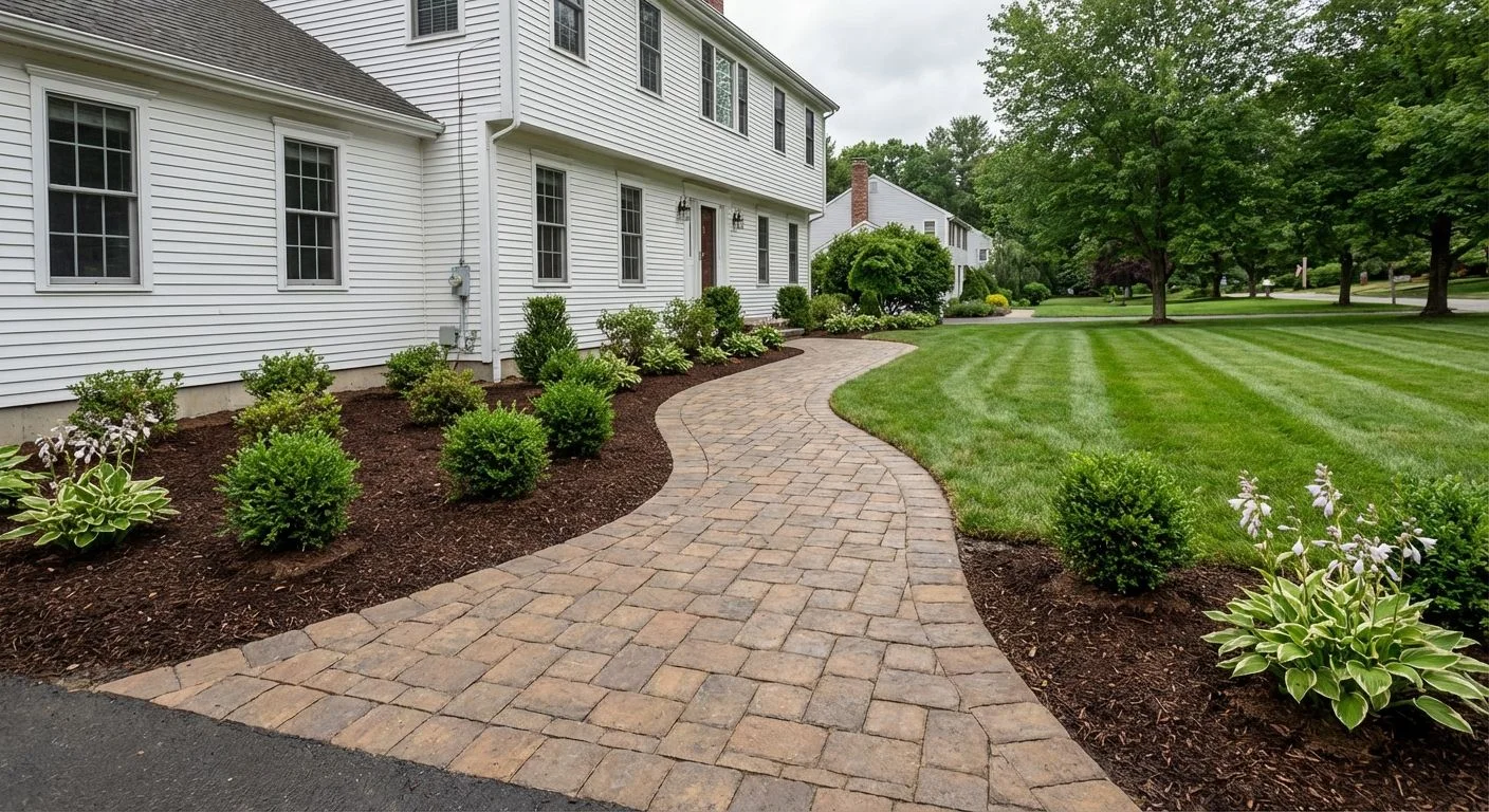 Landscape contractor installing patio and planting in residential yard