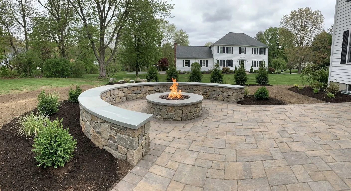Masonry contractor building stone retaining wall and patio