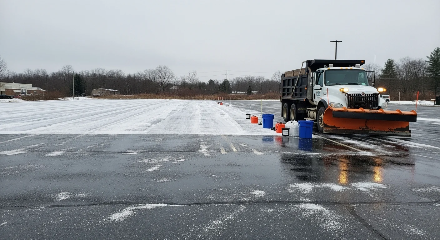 A cleared commercial parking lot in Andover, MA after a winter storm, with plowed snow stacked along the lot perimeter and a dry, treated drive lane leading to a building entrance. An Alta Land And Snow LLC truck is visible near the lot edge.