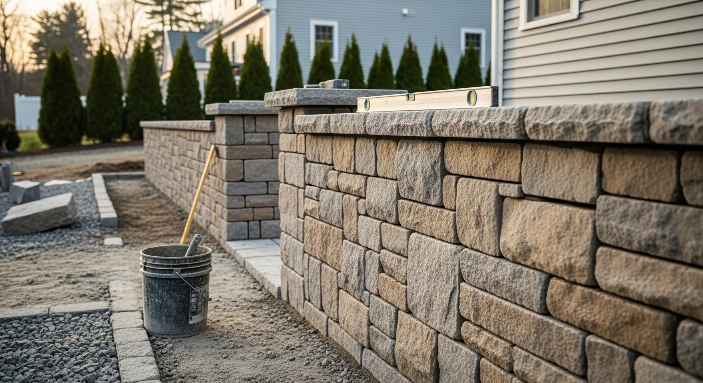 A finished decorative stone wall along the front yard of an Andover residential property, with clean mortar joints and a level cap course. The wall runs parallel to a paved walkway leading to the home's front entrance.