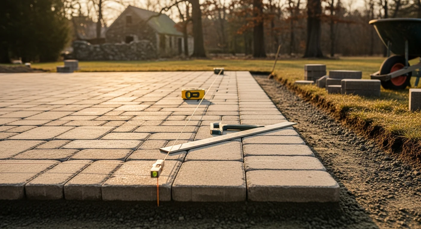 Newly installed stone patio and retaining wall at a residential property in Andover, MA, with masonry steps leading from the yard to the back door. The wall shows clean coursing and proper grading on a sloped lot typical of the Andover area.