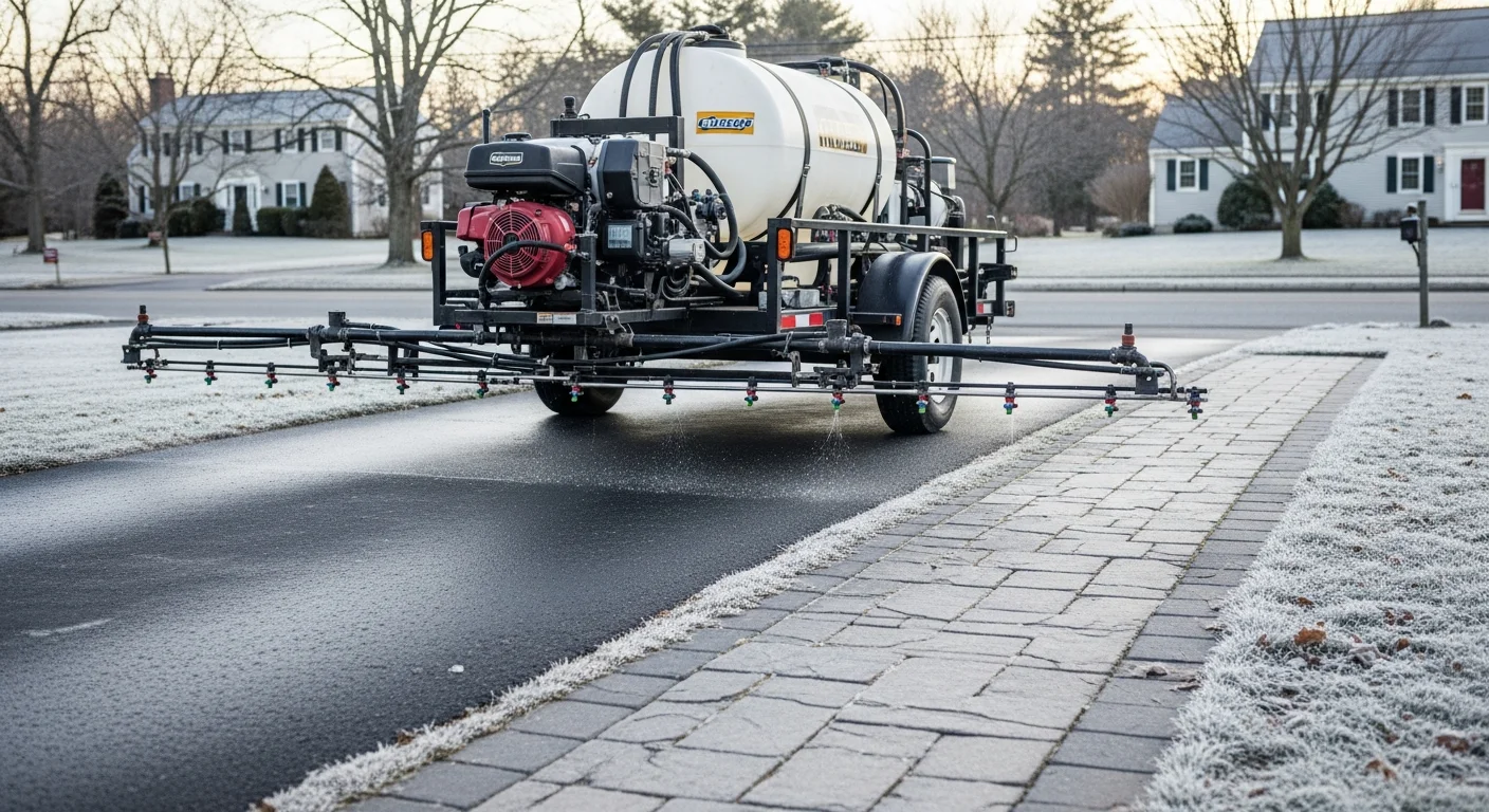 A cleared and treated residential driveway in Andover, Massachusetts after a winter ice event, with dry pavement visible and surrounding snow along the edges. A walkway leading to the front entry is also treated and free of ice.