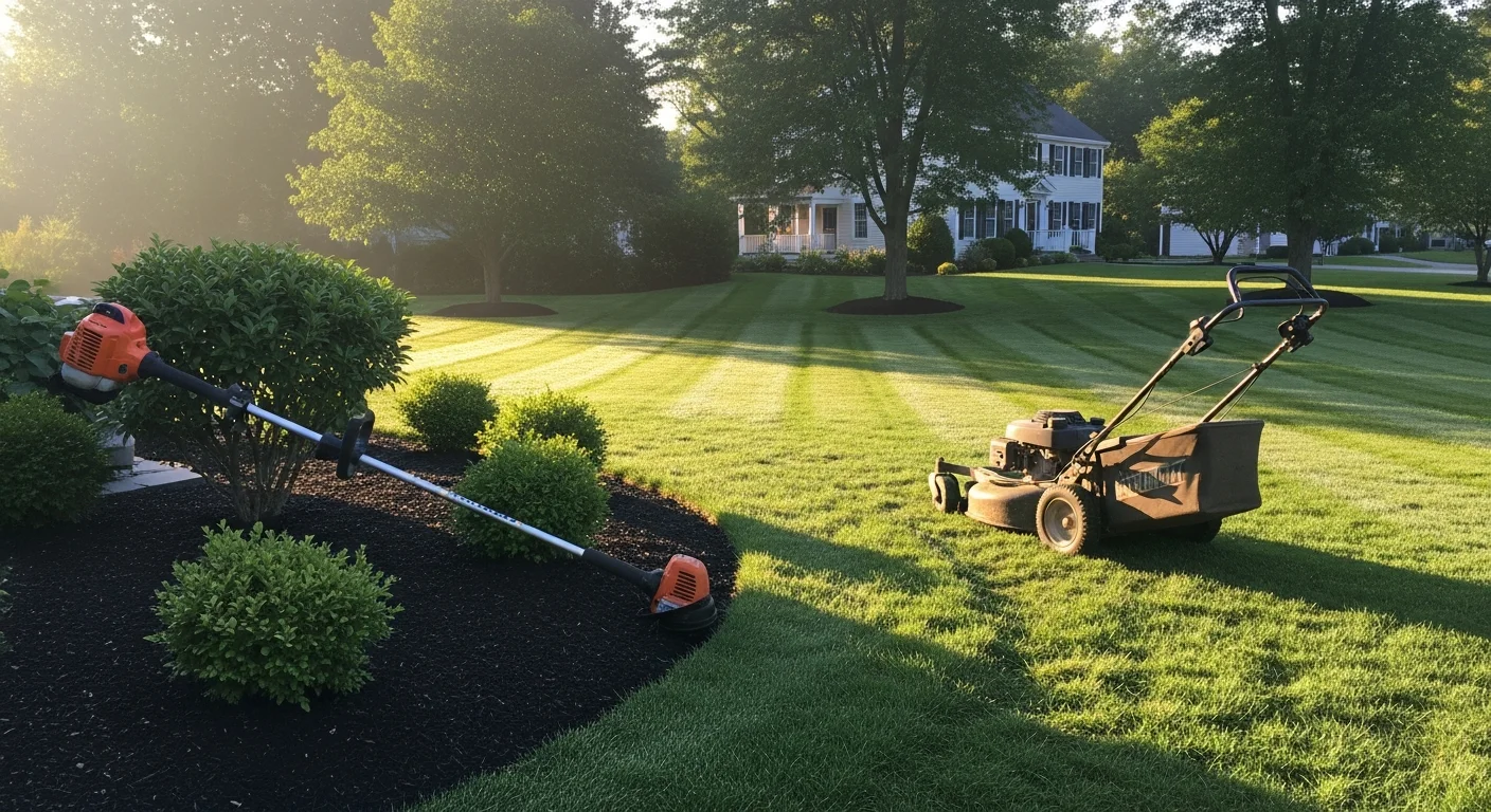 A well-maintained residential lawn in Andover with cleanly edged turf, trimmed shrubs, and cleared planting beds after a landscape maintenance visit. The property shows defined bed borders and evenly mowed grass typical of New England seasonal upkeep.