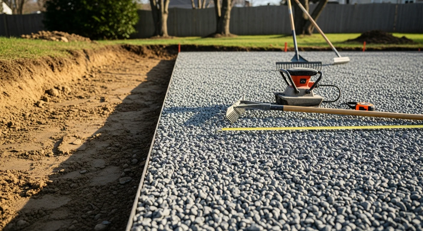 A finished masonry patio in an Andover, MA backyard with natural stone pavers set in a clean running-bond pattern, bordered by a low masonry seating wall. The patio sits level against the rear of a residential home with a graded lawn extending beyond the hardscape edge.