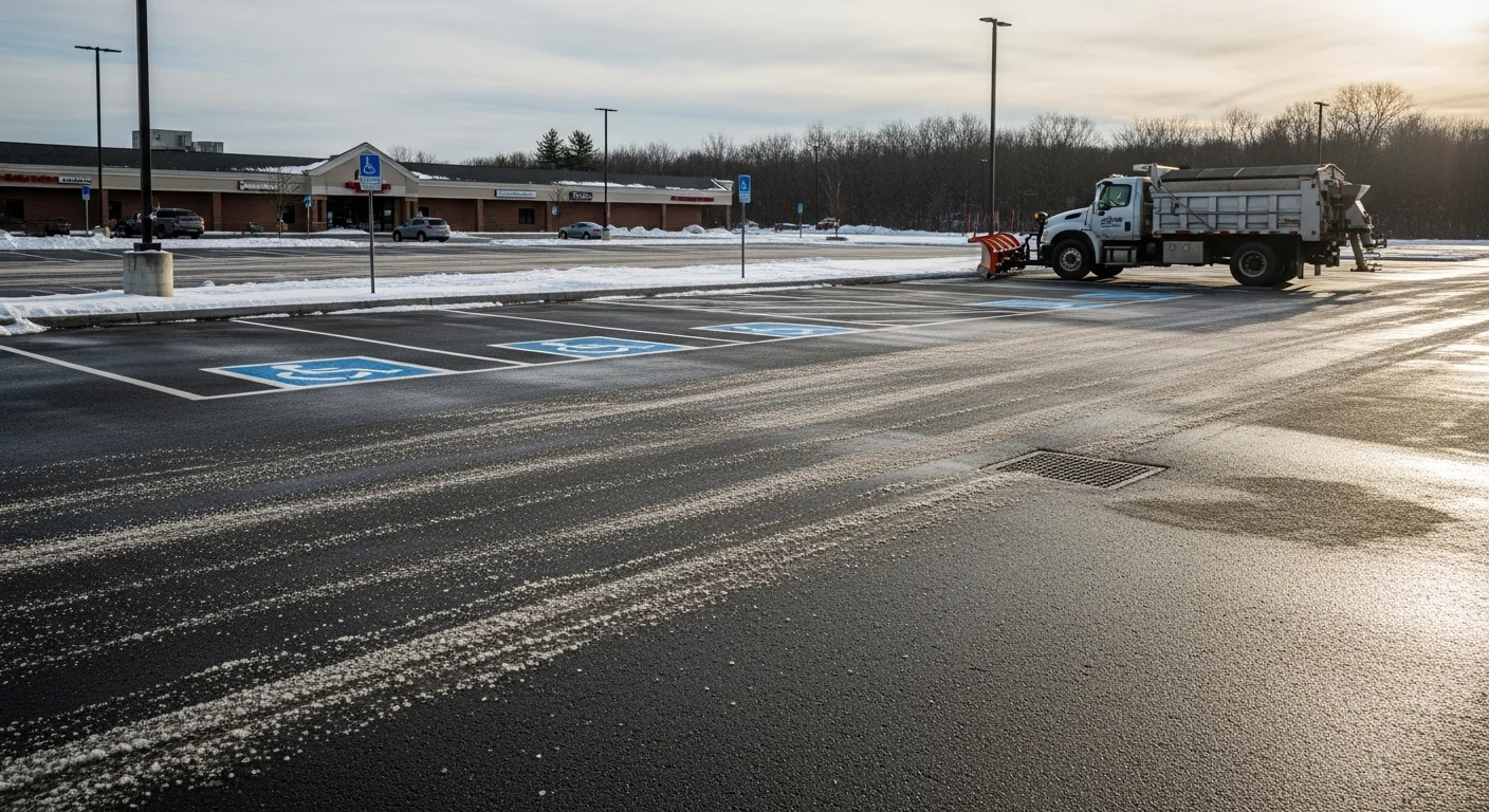 A cleared commercial parking lot in Andover, MA after a winter storm, with plowed snow stacked at lot edges and visible pavement across travel lanes and accessible spaces. Building entrance is free of snow and ice.