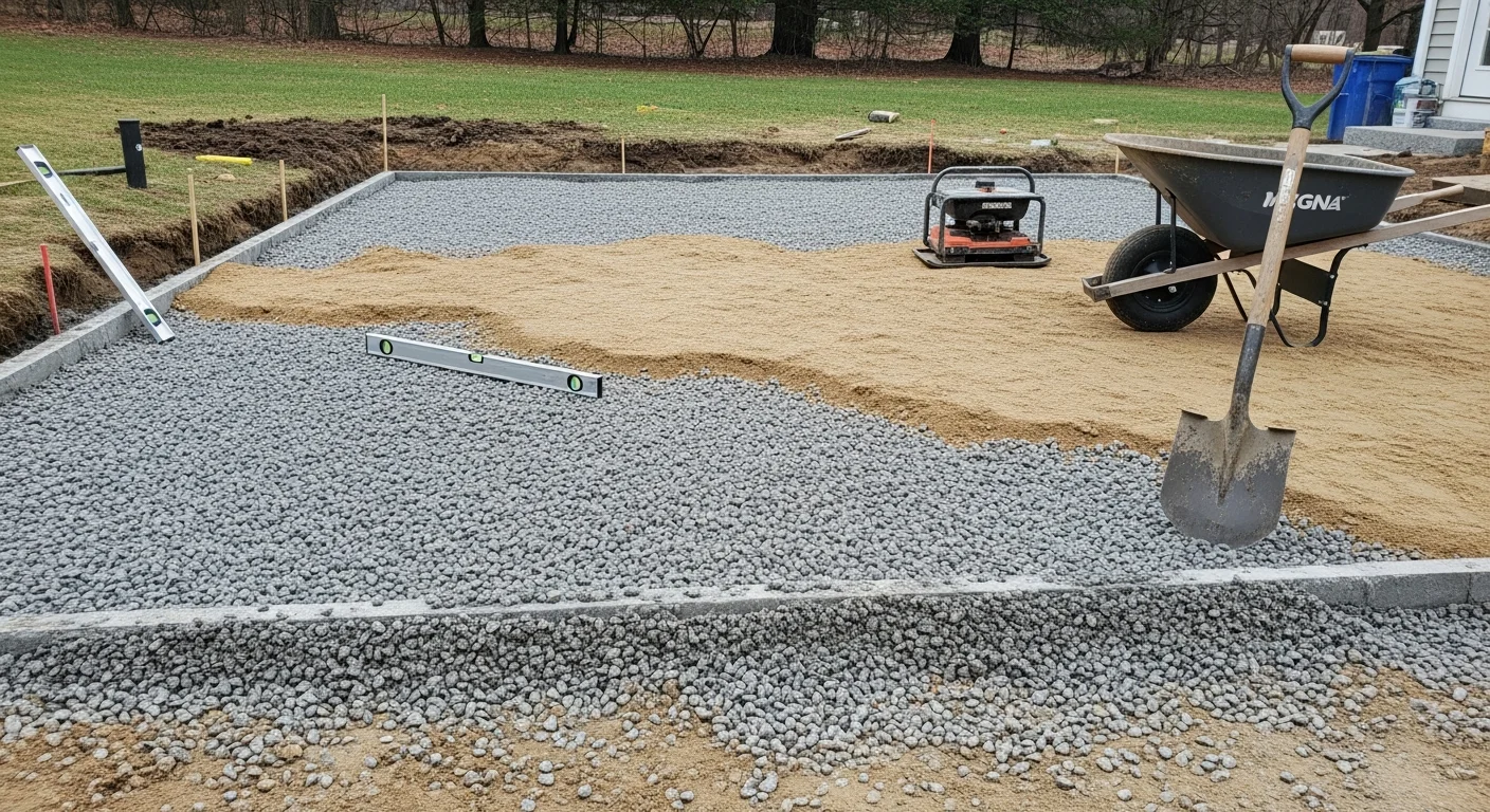 A newly installed paver patio in an Andover, MA backyard, showing a level surface with clean edges and a defined seating area adjacent to the home. The surrounding landscape reflects a typical New England residential property with established trees and a graded lawn.