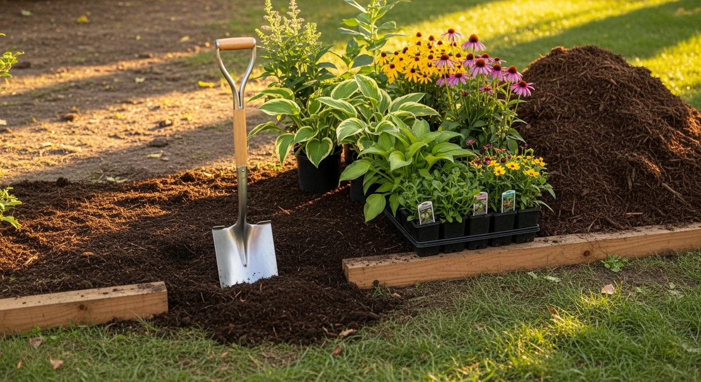 A freshly planted landscape bed at an Andover residential property, showing newly installed shrubs and perennials mulched around the base. A landscape contractor from Alta Land And Snow LLC works in the background preparing an adjacent planting area.
