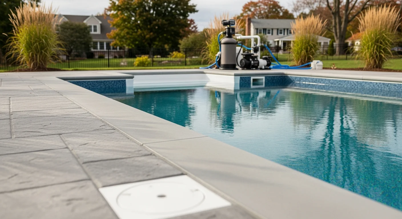 A newly installed inground pool in an Andover, Massachusetts backyard with clean concrete coping and surrounding lawn. The pool reflects a clear sky, showing a finished residential installation built for New England conditions.