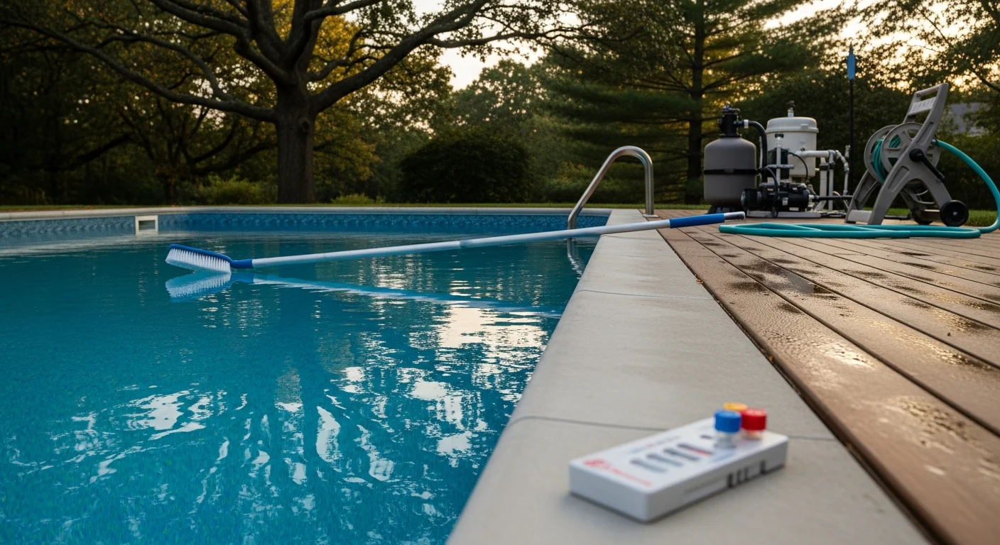 A clean residential in-ground pool with clear blue water in an Andover, MA backyard surrounded by mature trees. A pool technician from Alta Land And Snow LLC checks the filtration equipment poolside.