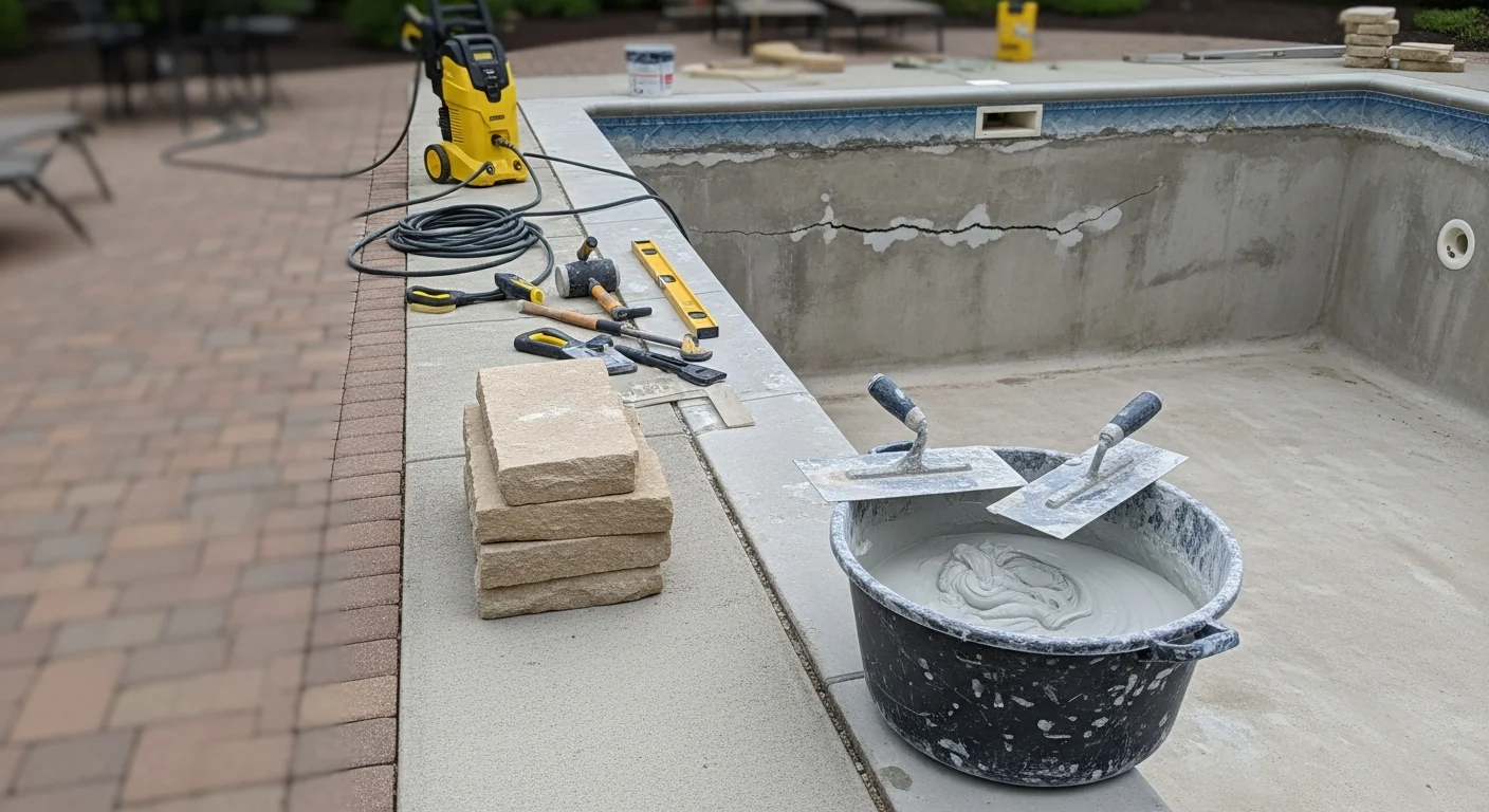 A renovated inground pool in an Andover, Massachusetts backyard showing fresh plaster surface, replaced coping stones, and clean tile line. The surrounding deck is clear and the pool water is still, reflecting a typical New England residential yard.