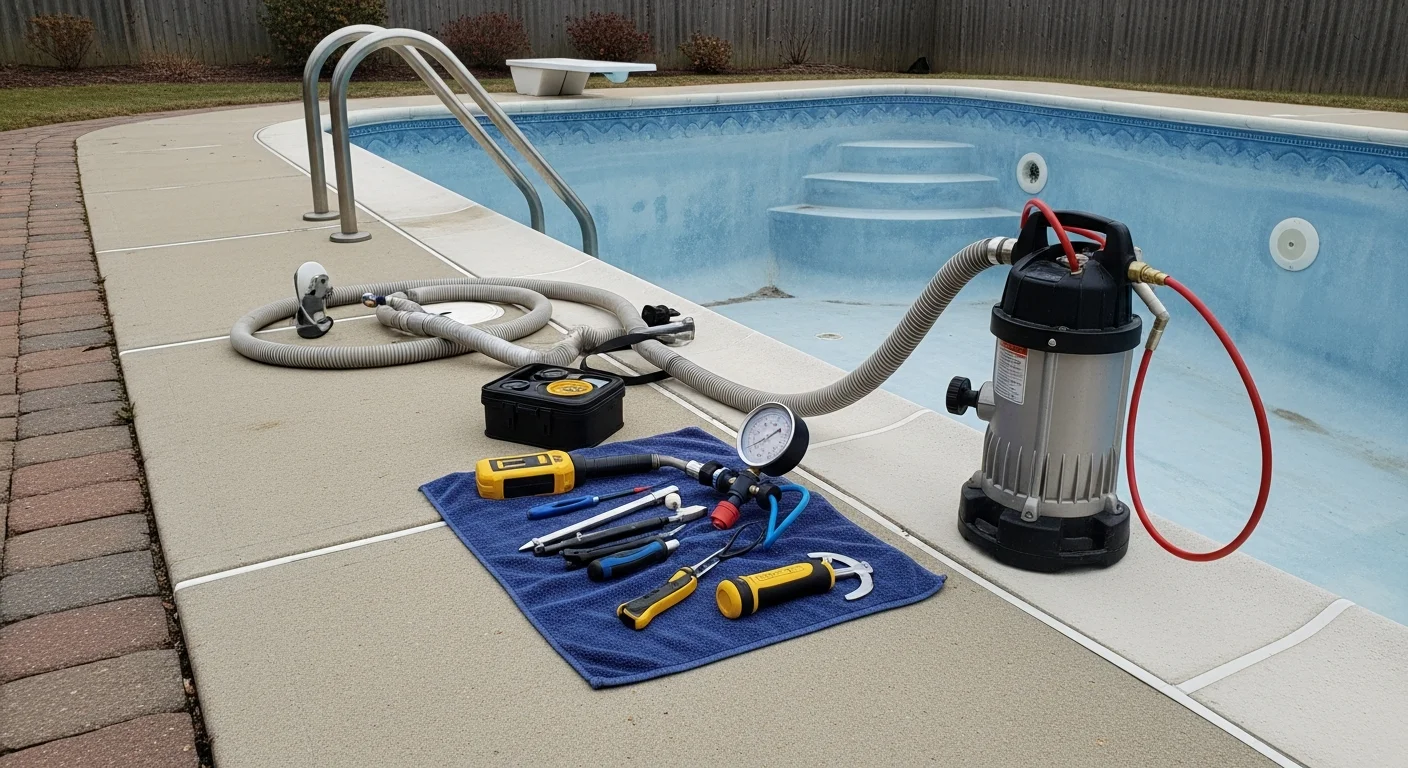 A repaired in-ground pool in an Andover, MA backyard showing sealed coping and clear water after professional pool repair service. A technician from Alta Land And Snow LLC inspects the pool shell and equipment area on a residential property.