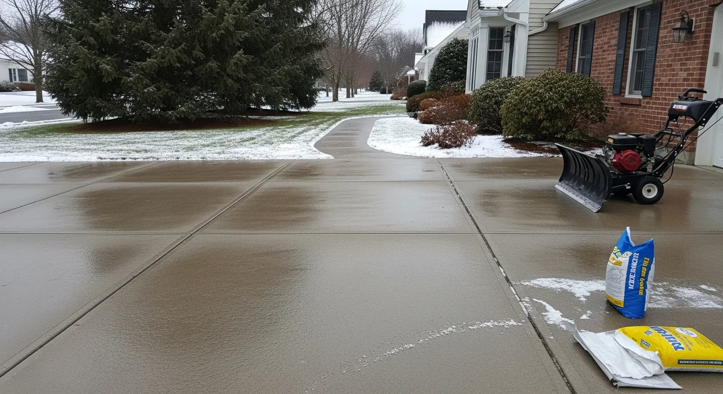 A freshly plowed residential driveway in Andover, MA with snow cleared to the edges and a treated walkway leading to the front door. The surrounding lawn and landscaping are undisturbed after a winter storm.
