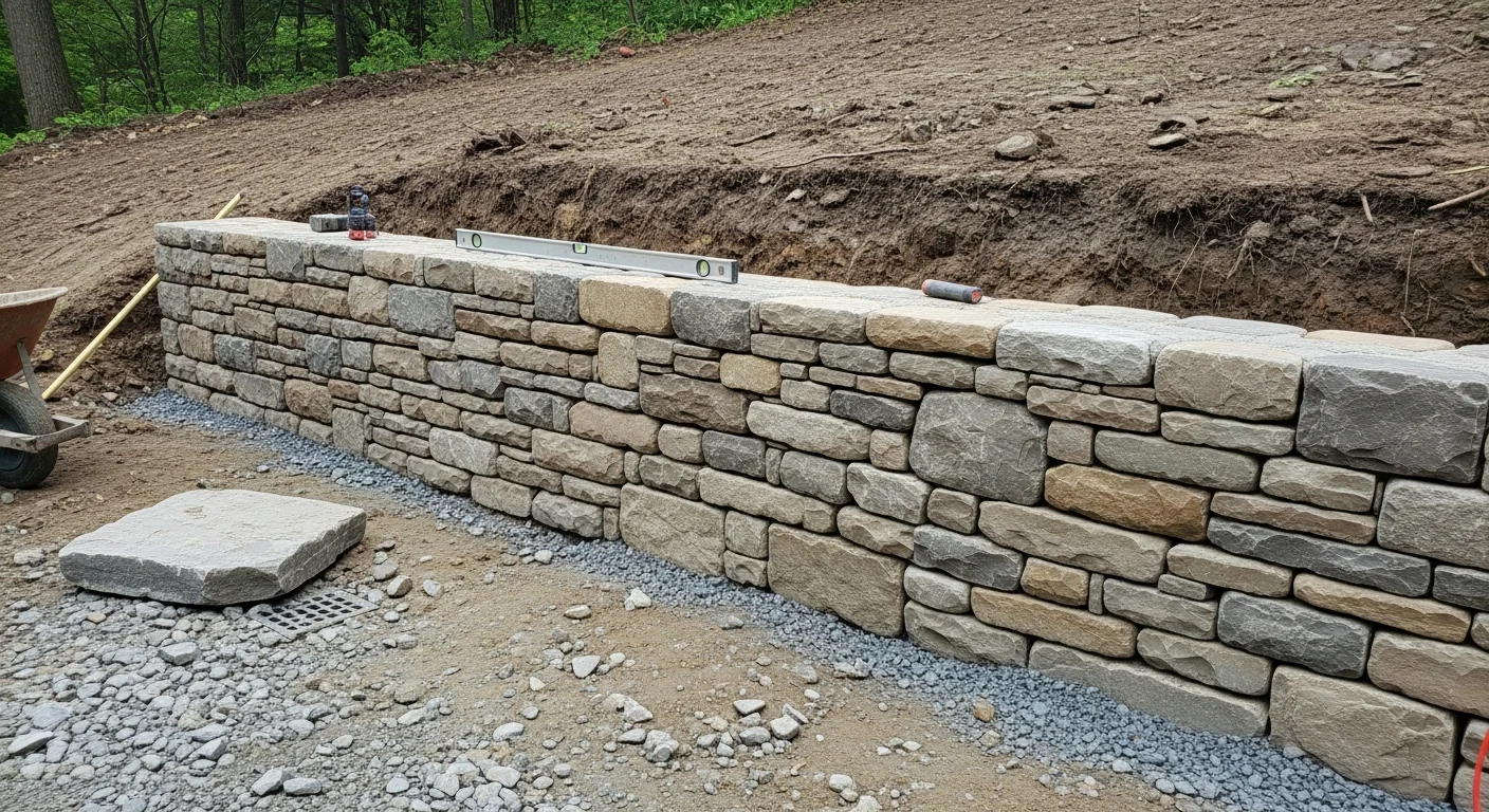 A newly constructed masonry retaining wall on a sloped residential property in Andover, MA, with compacted gravel backfill visible and a level yard area created above the wall. The wall runs along a grass lawn with a wood-frame home visible in the background.