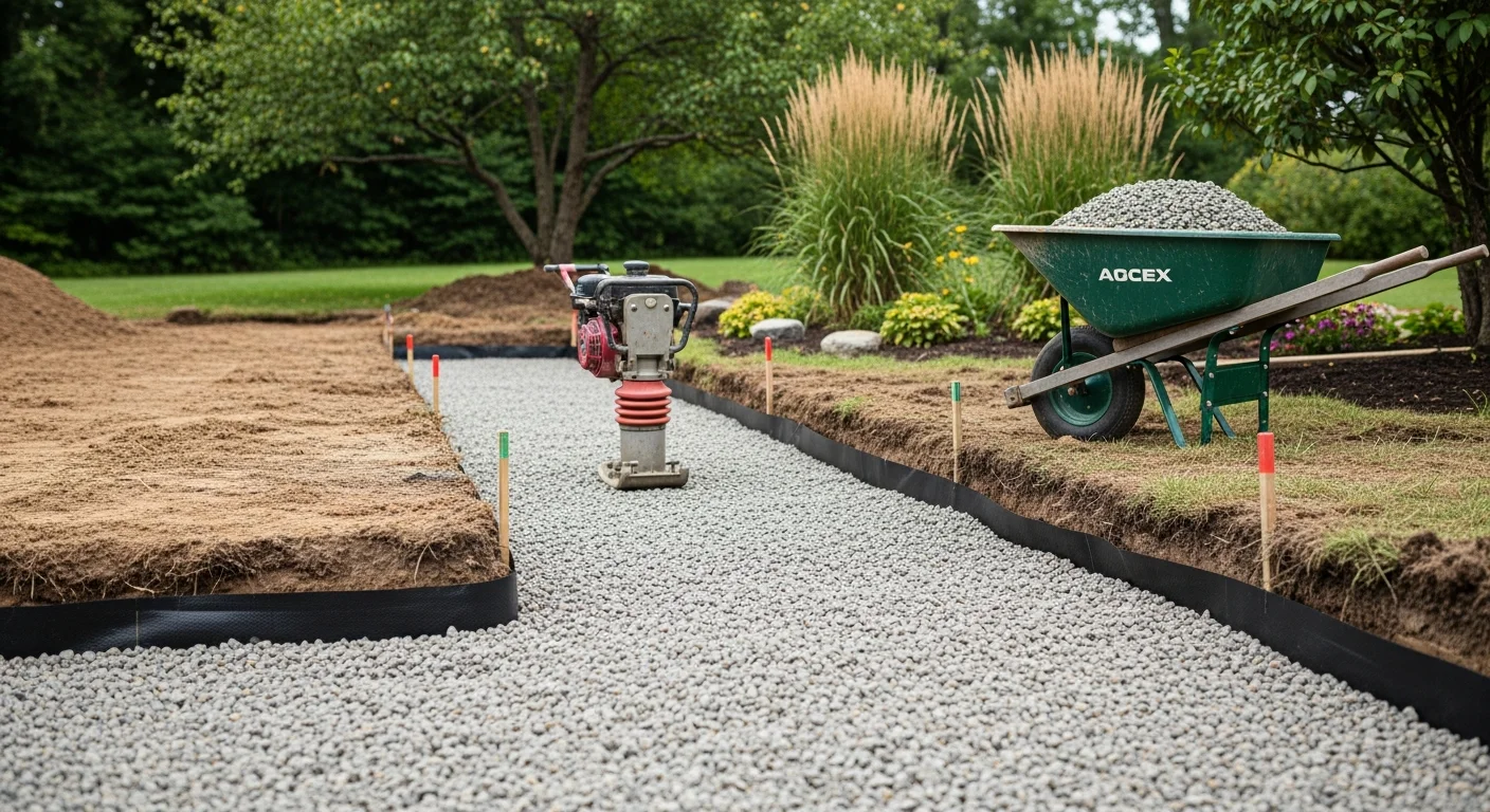 A newly installed stone walkway leading from the front door to the street at an Andover, MA residential property, with a compacted base visible along the freshly cut edge. The path follows the natural grade of the lawn with clean, even joints between each stone.