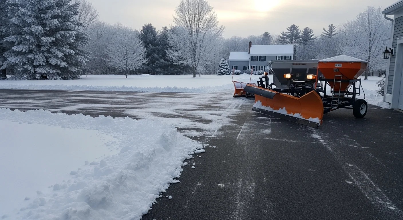 A cleared residential driveway and front walkway in Andover, MA after a winter snowstorm, with snow pushed to the edges and a de-iced path leading to the front door. Alta Land And Snow LLC winter maintenance service in Andover.